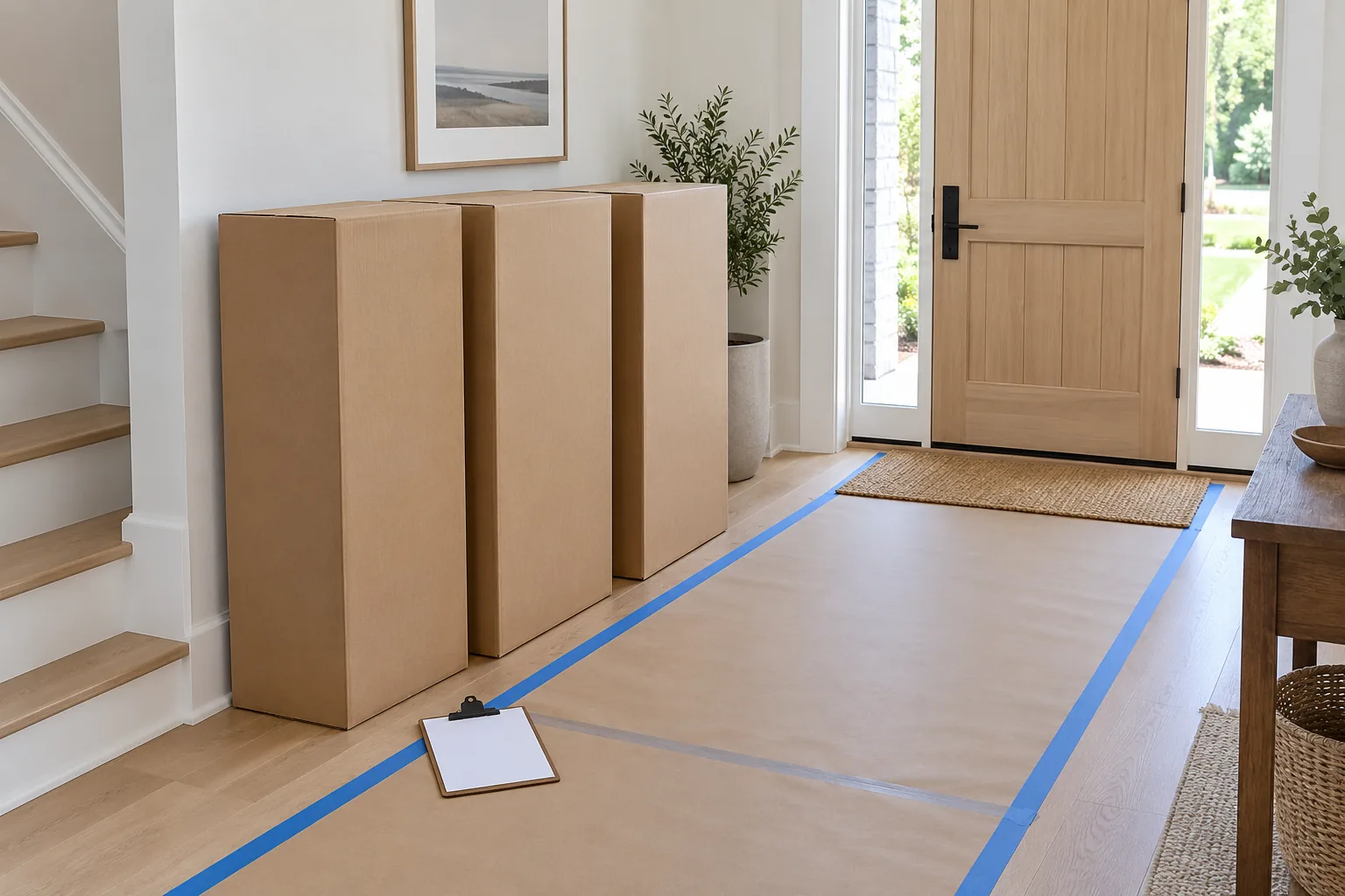 Plain cabinet cartons beside an oak entry door with floor protection and a blank clipboard